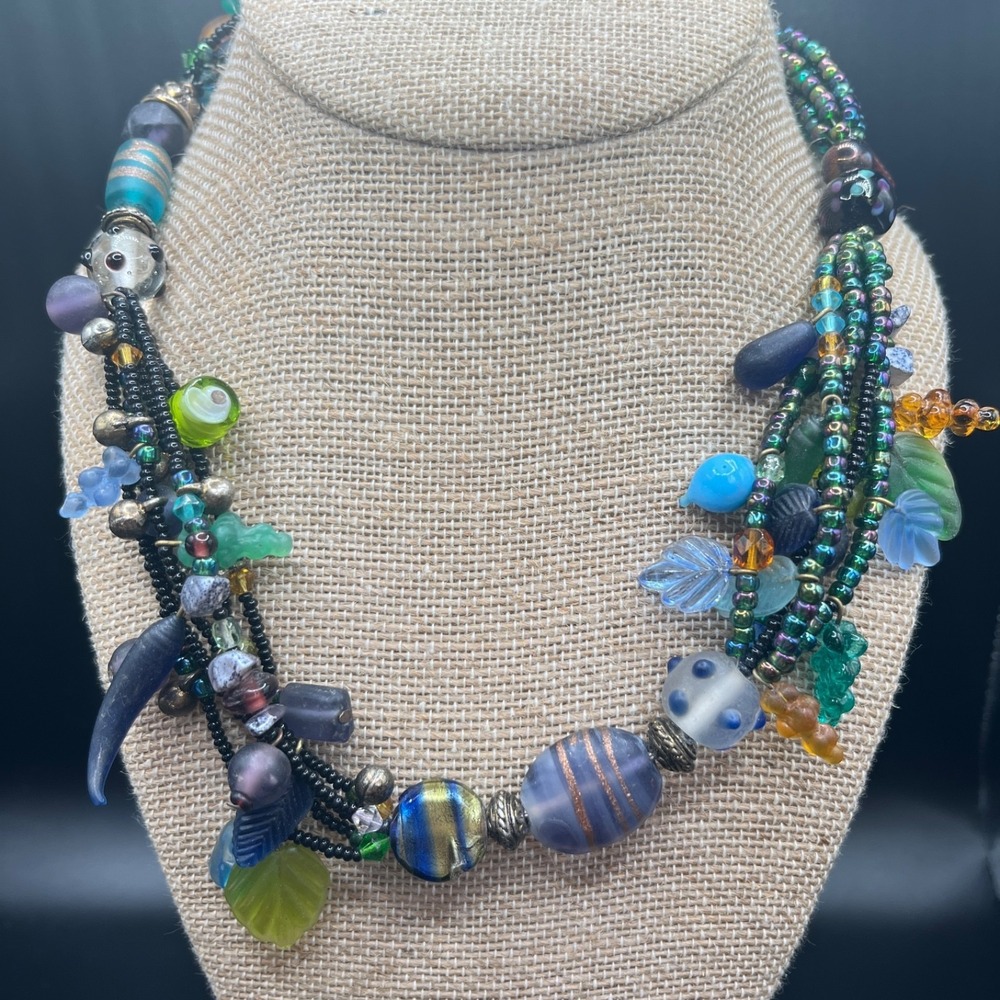 Vintage Chico's Murano Style Art Glass Multicolor Treasure Beads Necklace 18"